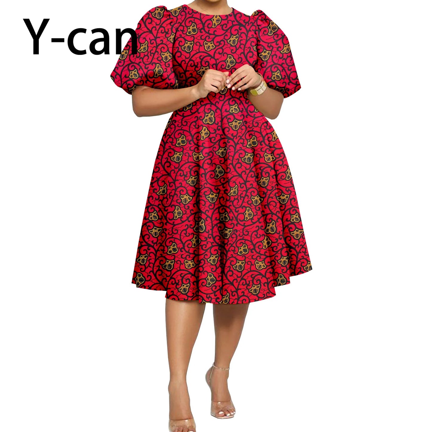 African Clothes for Women Girl Lady Dress Skirt Short Bubble Sleeve Blow the Knee Fashion Causal Bazin Riche Ankara Y2325085