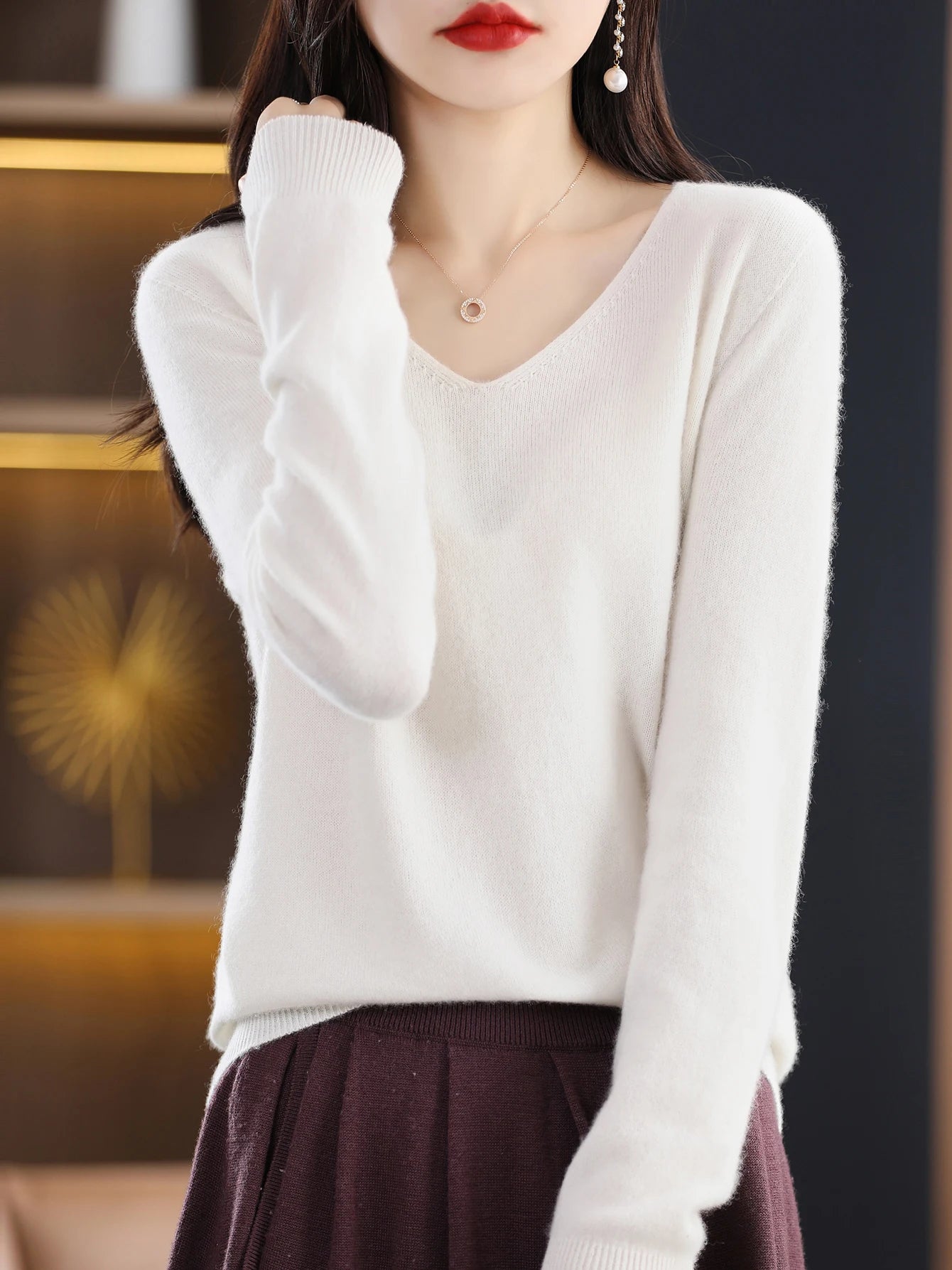 Women 100 Percent Merino Wool V Neck Sweater Fall Winter Warm Pullover