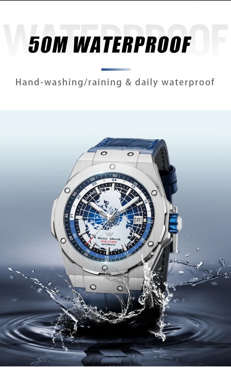 WM Watch World Time Series Men Watches reloj hombre Business Automatic Mechanical Welly Merck Wrist Watch For Man 124M-WM