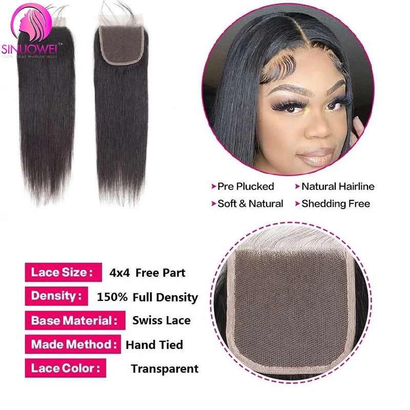 Bone Straight 100% Human Hair Bundles With 4x4 transparent Lace Closures 3/4 Bundles Brazilian Hair Weave Bundles With Closure
