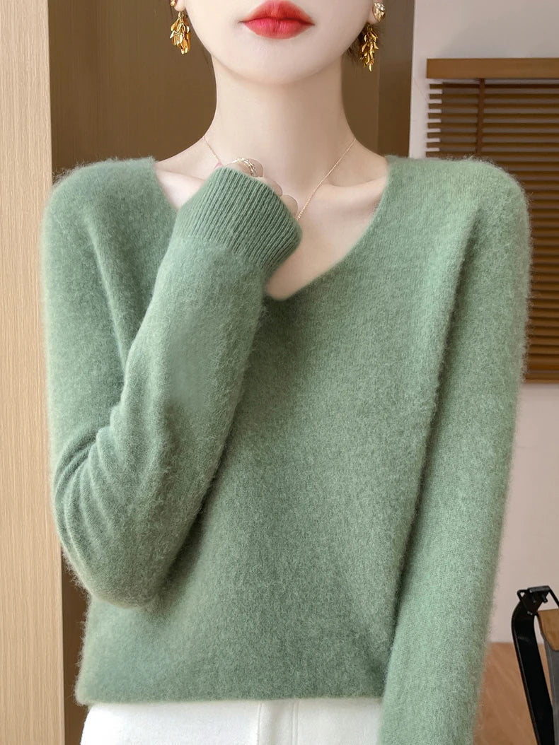 Women 100 Percent Merino Wool V Neck Sweater Fall Winter Warm Pullover