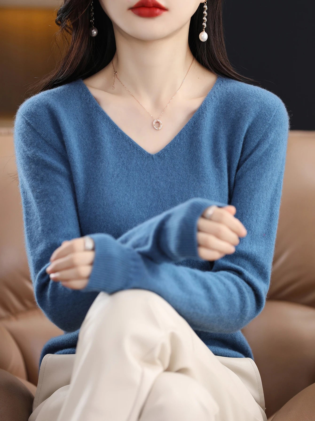 Women 100 Percent Merino Wool V Neck Sweater Fall Winter Warm Pullover
