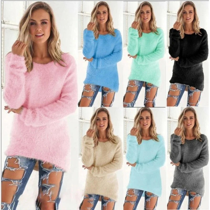 Women Loose Knitted Sweater O Neck Oversize Pullover Casual Long Sweater