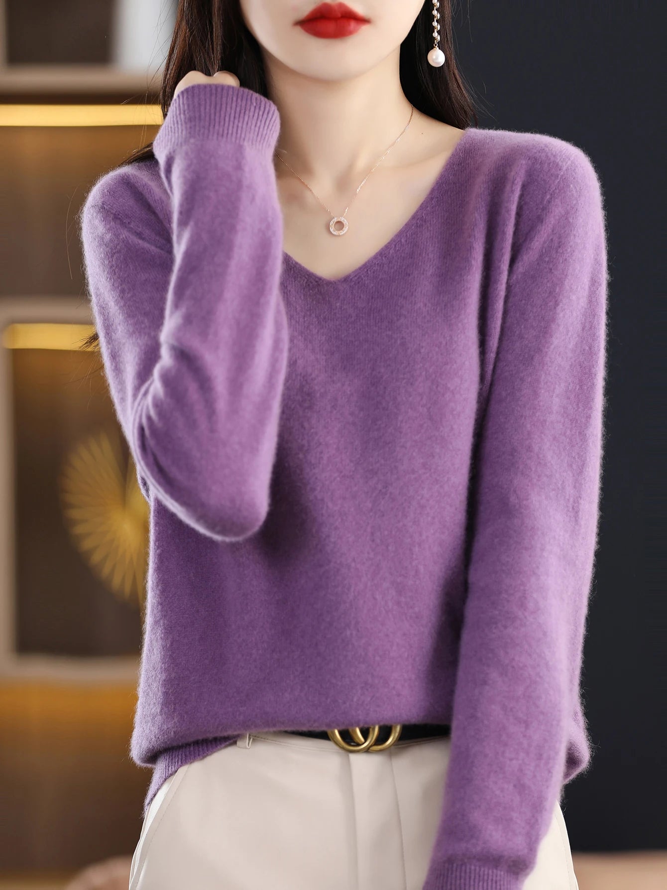 Women 100 Percent Merino Wool V Neck Sweater Fall Winter Warm Pullover