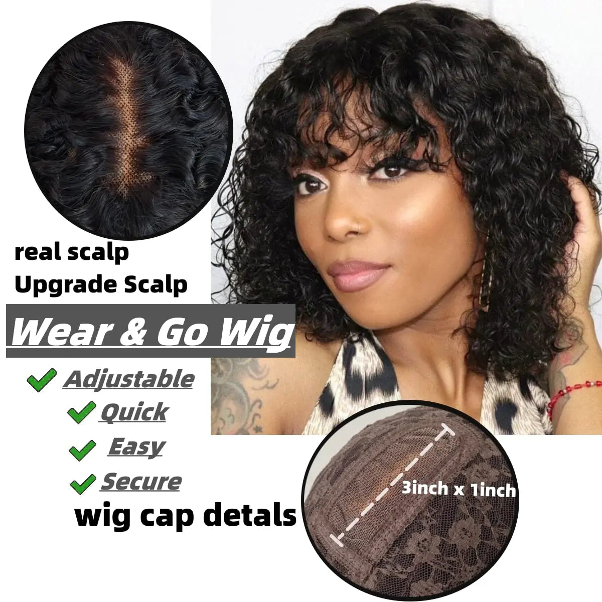 Fake Scalp Curly Wig With Bangs 180% Density Glueless Kinky Curly Brazilian Virgin Human Hair Lace Wigs with Bangs Natural Black