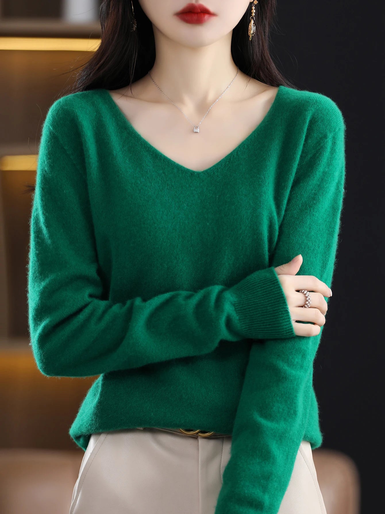 Women 100 Percent Merino Wool V Neck Sweater Fall Winter Warm Pullover