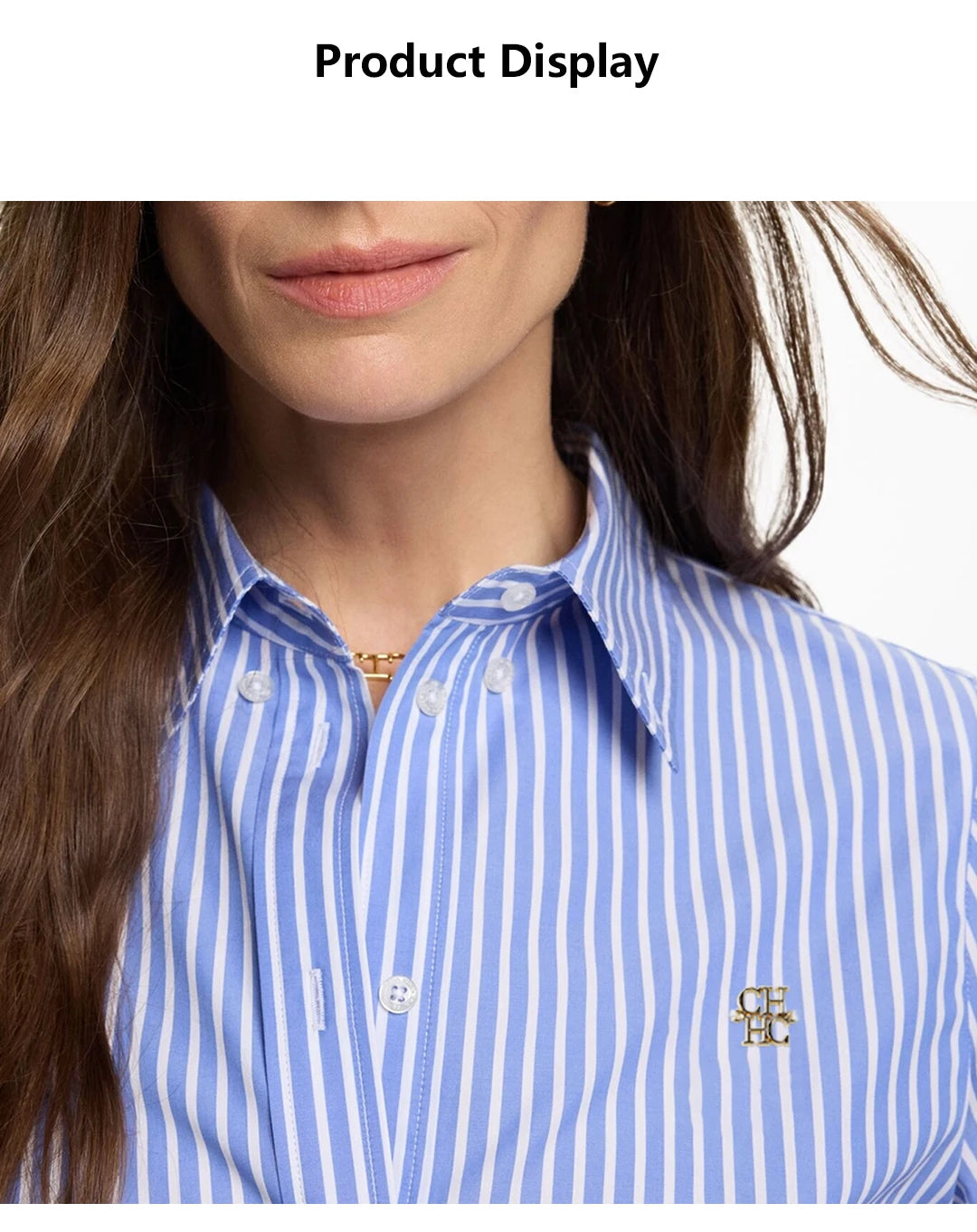 CH Women's casual cotton blouse with stripes and embroidered collar-long-sleeved streetwear, simple office top.