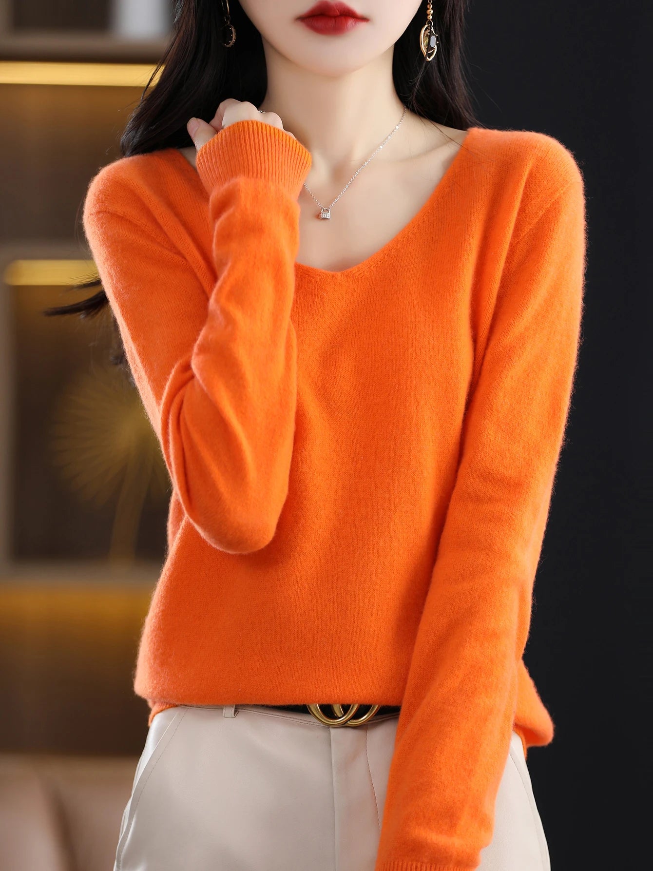 Women 100 Percent Merino Wool V Neck Sweater Fall Winter Warm Pullover