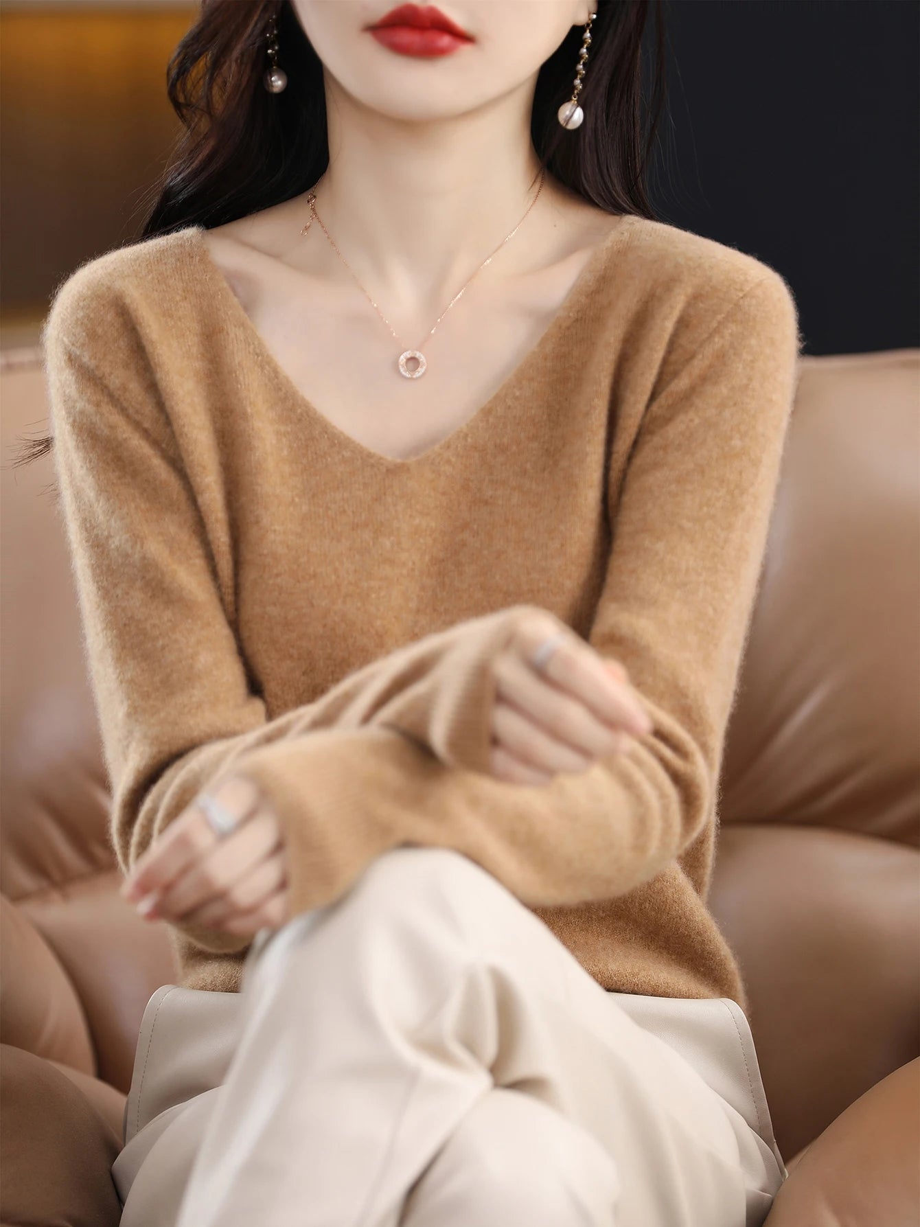 Women 100 Percent Merino Wool V Neck Sweater Fall Winter Warm Pullover