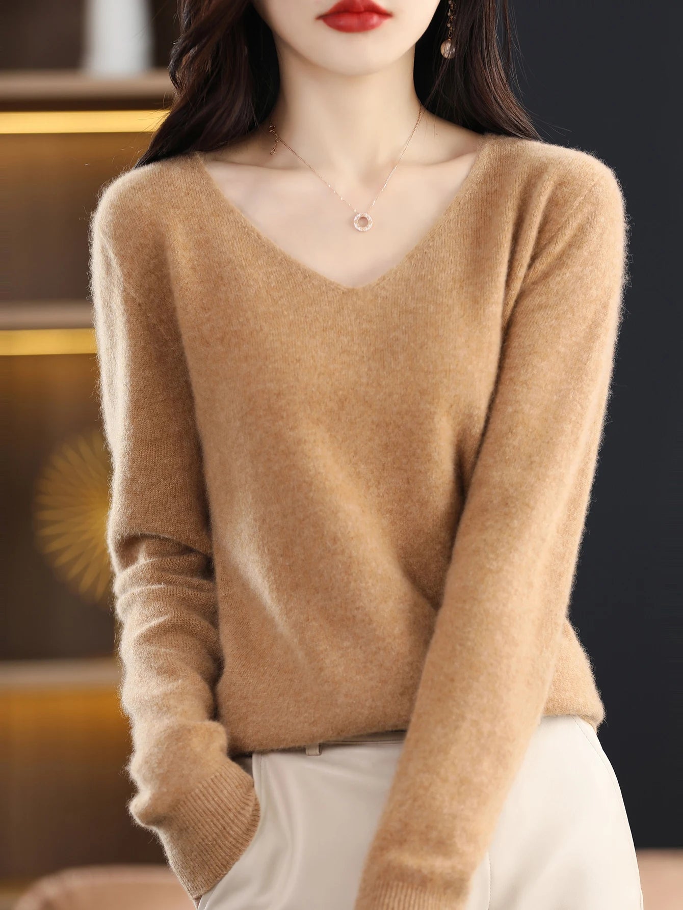 Women 100 Percent Merino Wool V Neck Sweater Fall Winter Warm Pullover