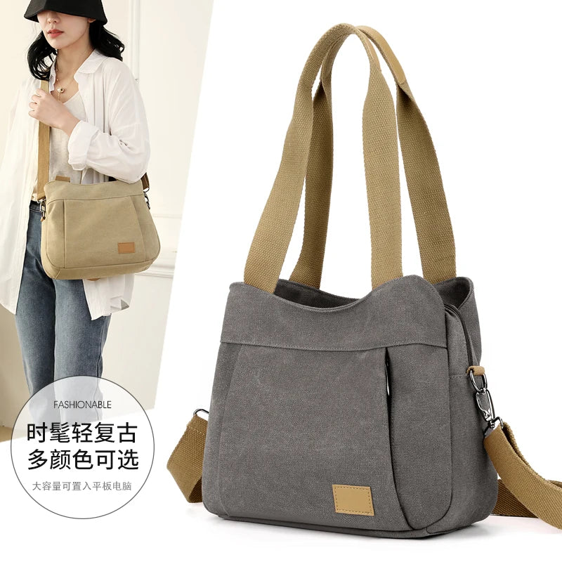 Retro Canvas Shoulder Bag Multifunctional Large Capacity Casual Crossbody Bag for Women