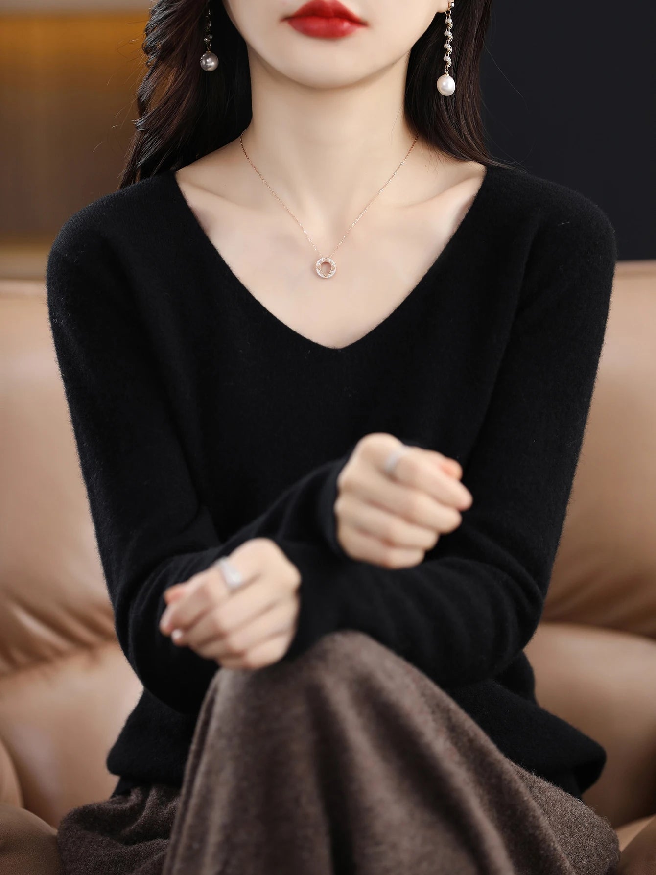 Women 100 Percent Merino Wool V Neck Sweater Fall Winter Warm Pullover