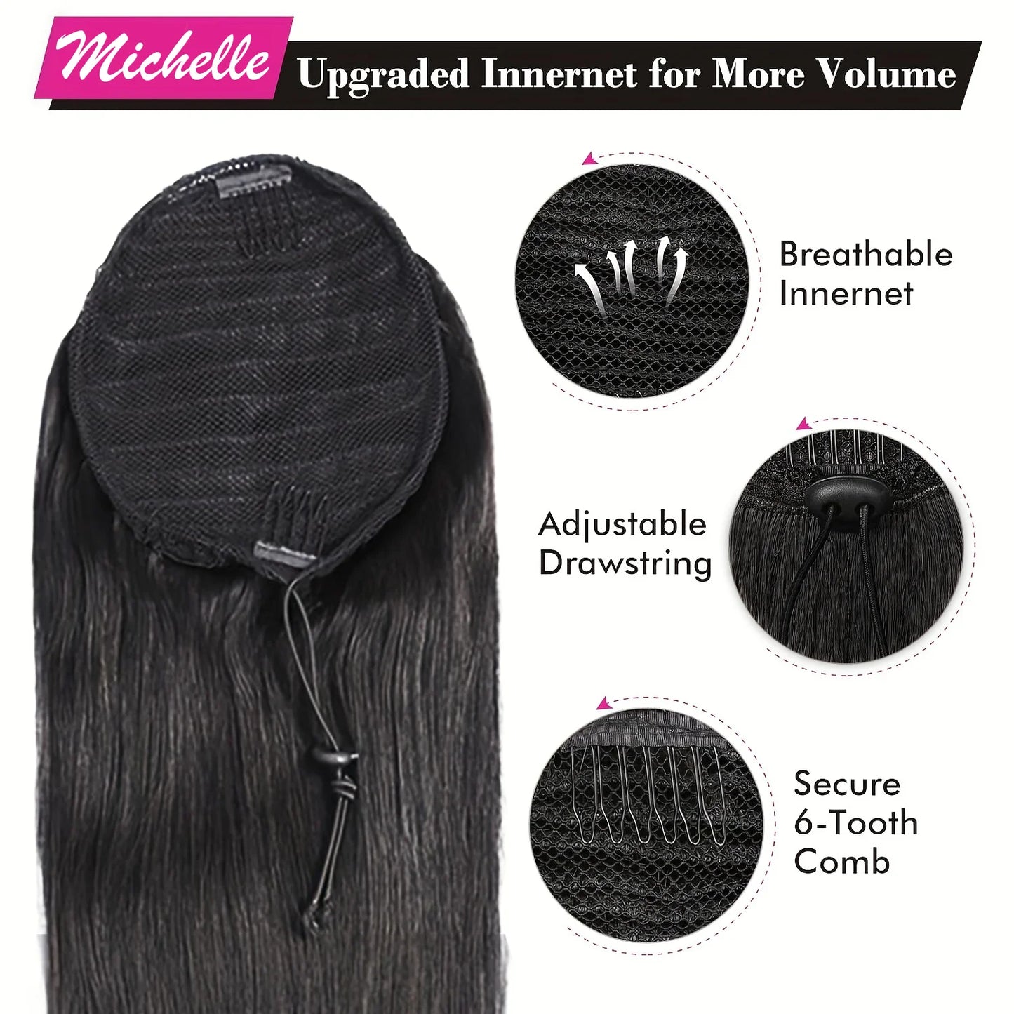 26 Inches Straight Drawstring Ponytail Clip In Ponytail Extensions Natural Color 100% Brazilian Human Hair Wrap Around Ponytails