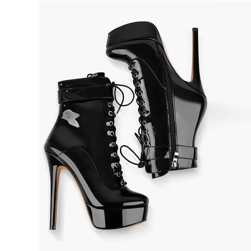 Onlymaker Women Platform Ankle Booties Patent Leather Thin High Heels Lace Up  Size Zip Winter Warm Zipper Boots Shoes