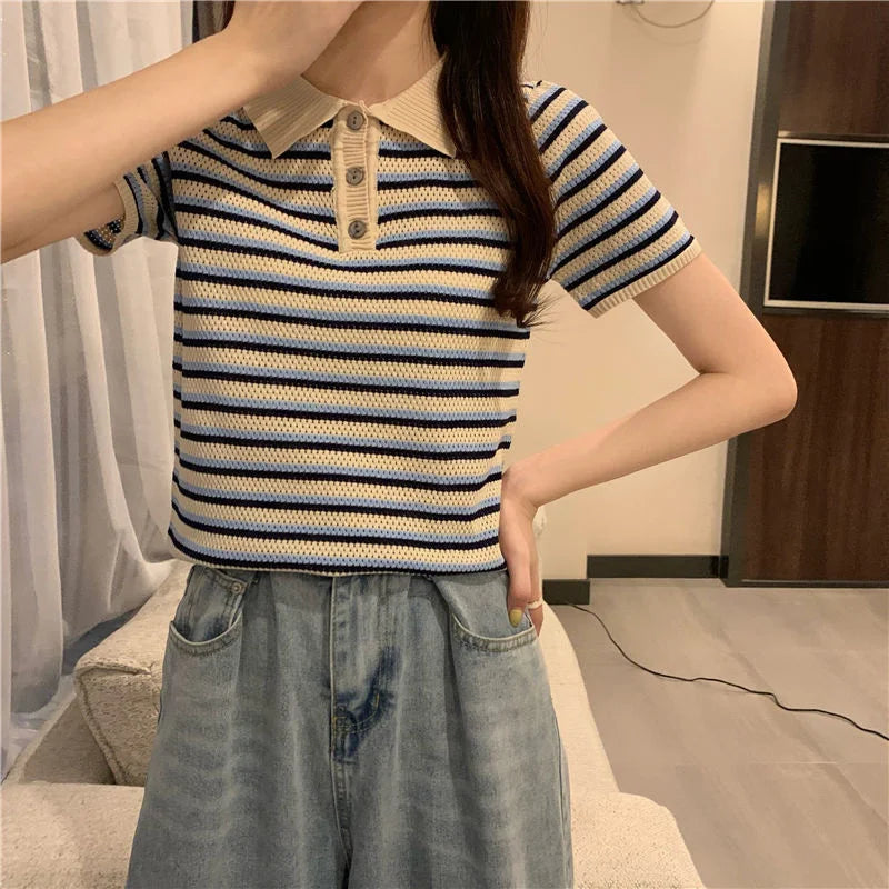 Woman TShirts Top Summer Women's 2021 Striped Knitted Short-Sleeved  Crop Top Mujer Camisetas
