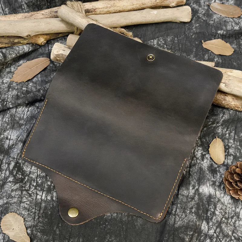 Men's Crazy Horse Leather Long Wallet Brown Real leather Trifold clutch snap purse Hasp purse with Phone pocket and coin pocket