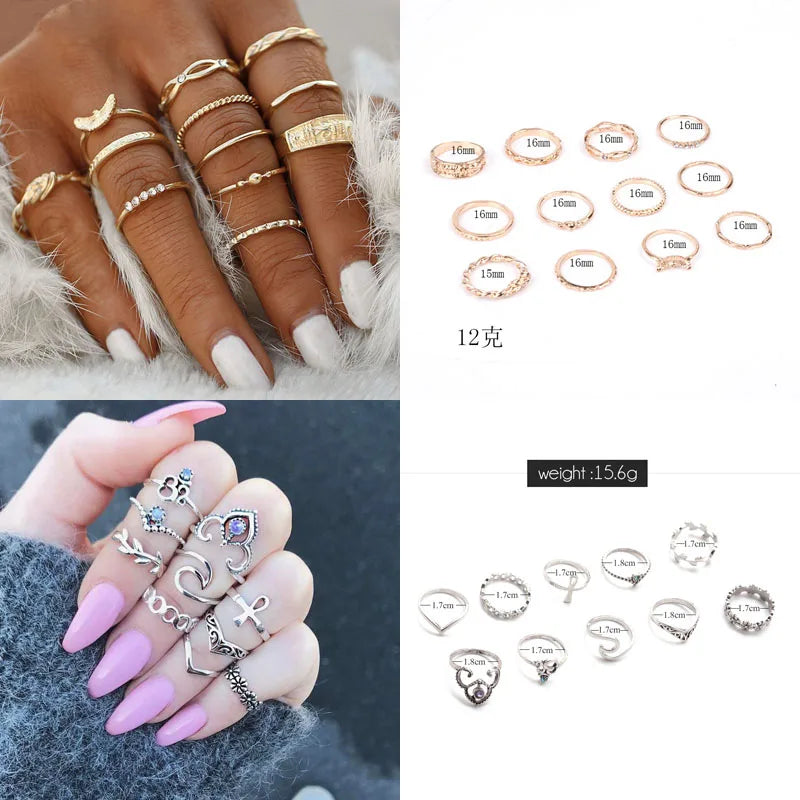12pcs/Set Fashion Elephant Knuckle Rings Set For Women Crystal Stone Feather finger Ring Female Boho Party Jewelry Gift