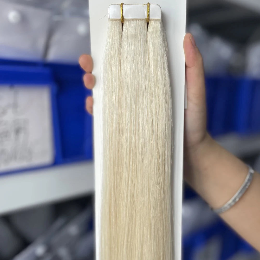 Moresoo Tape in Human Hair Extensions 26Inch 28 Inch Glue on Natural PU Remy Blonde Hair Black Pieces for Women Straight Hair