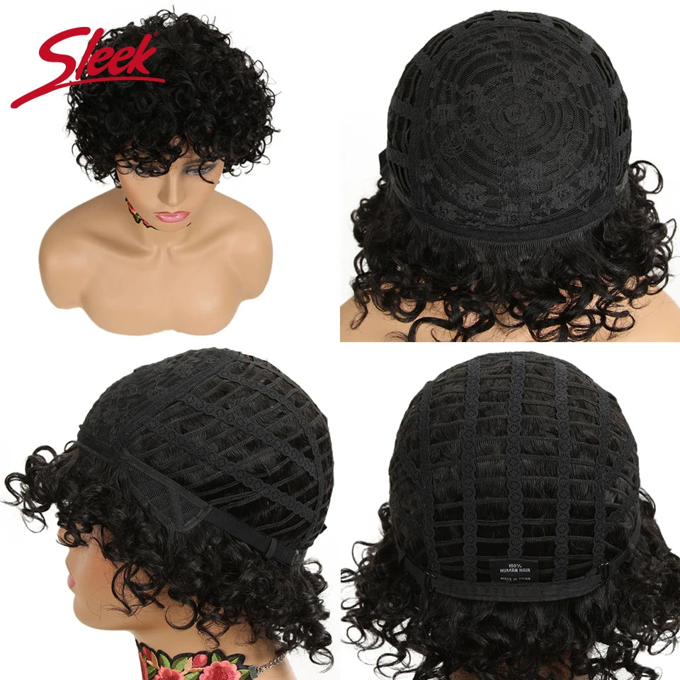 Sleek Short Human Hair Wigs 100% Remy Brazilian Curly Human Hair Wig 10 Inch Water Wave  Wig Natural Black Wigs For Black Women