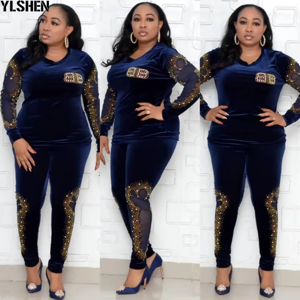 African Sets For Women 2024 Long Sleeve Beading Diamonds African Elastic Bazin Baggy Pants Rock Style Dashiki Famous Suit Lady
