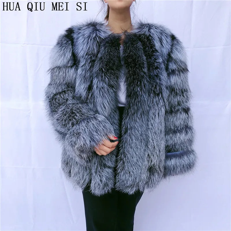 HUAQIUMEISI Real fox fur coat women's autumn and winter vertical bar natural fox jacket new fashion silver fox fur coat
