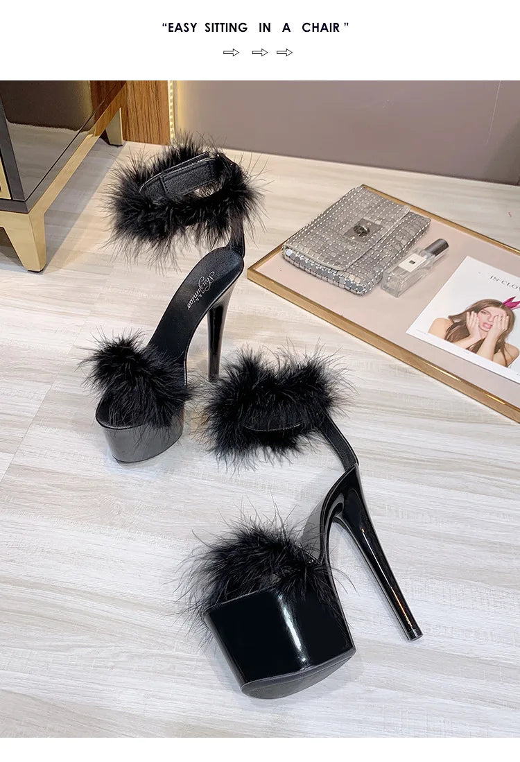 17CM Fur Womens Party Shoes Fashion 2023 Summer Sexy Exquisite Open Toe Ladies Shoes Female Stiletto Super High Heel Sandals