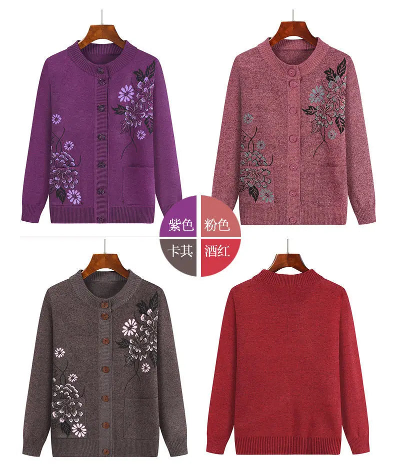 Grandma Embroidered Knit Cardigan Jacket Autumn Winter Loose O Neck Long Sleeve Pocket Sweater Coat Casual Female Outwear Tops