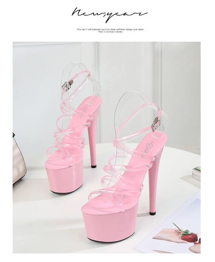 2022 Summer 15cm 17cm 20cm Transparent PVC Strap Sandals Women High Heels Platform Shoes Woman Cross Strap Sandals Big Size 43