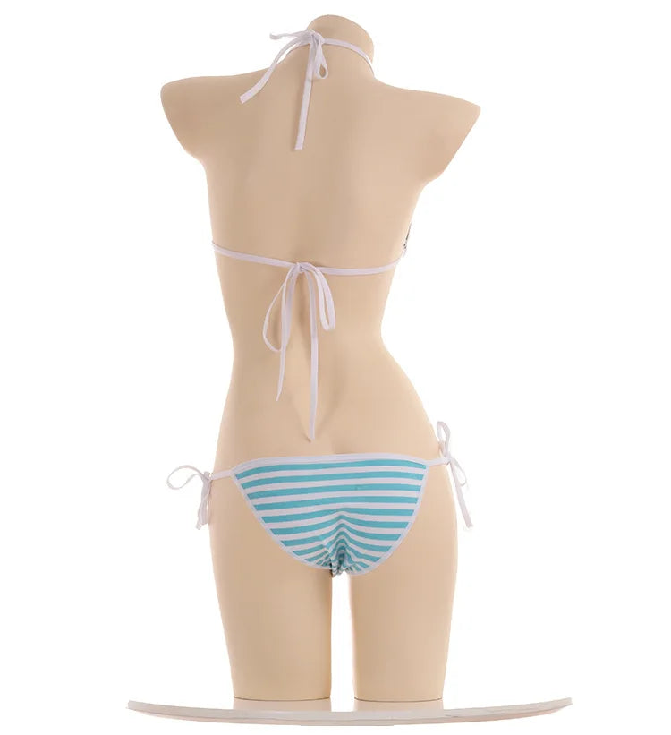 Sexy Women Underwear Set  Striped Bikini Thigh High Stocking Swimsuit Erotic Costumes Cosplay Japanese Anime Bra Briefs