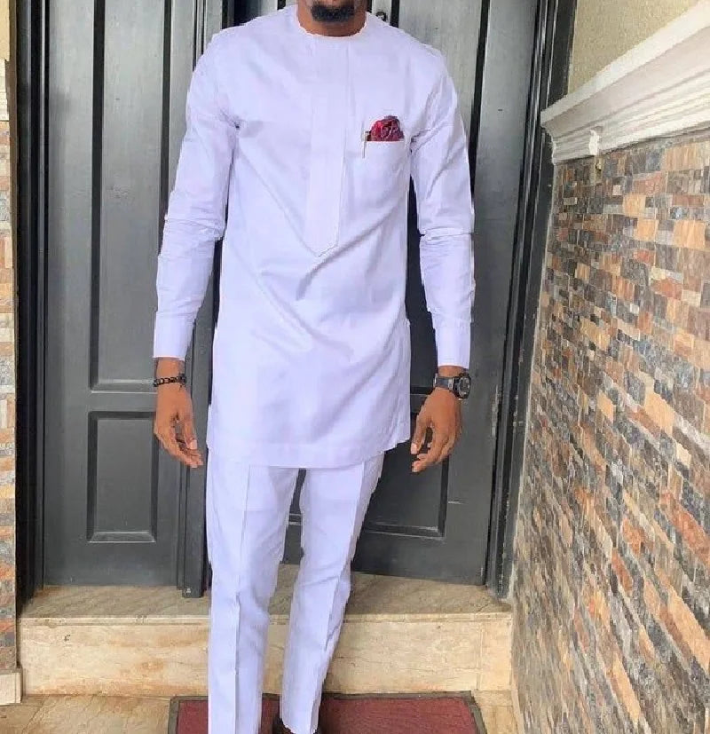 African Fashion Shirts Patch Trousers Solid White Pant Sets Senator Style Male Groom Suits Plus Size Party Wear African Clothes