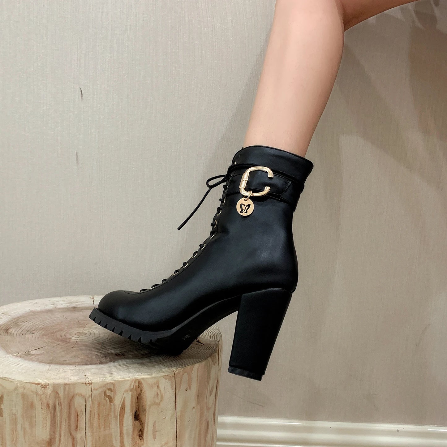 Women's Autumn Lace-Up Chunky Heel Ankle Boots with Belt Buckle Side Zipper High Heels Booties Lace Up Design Classic Lolita