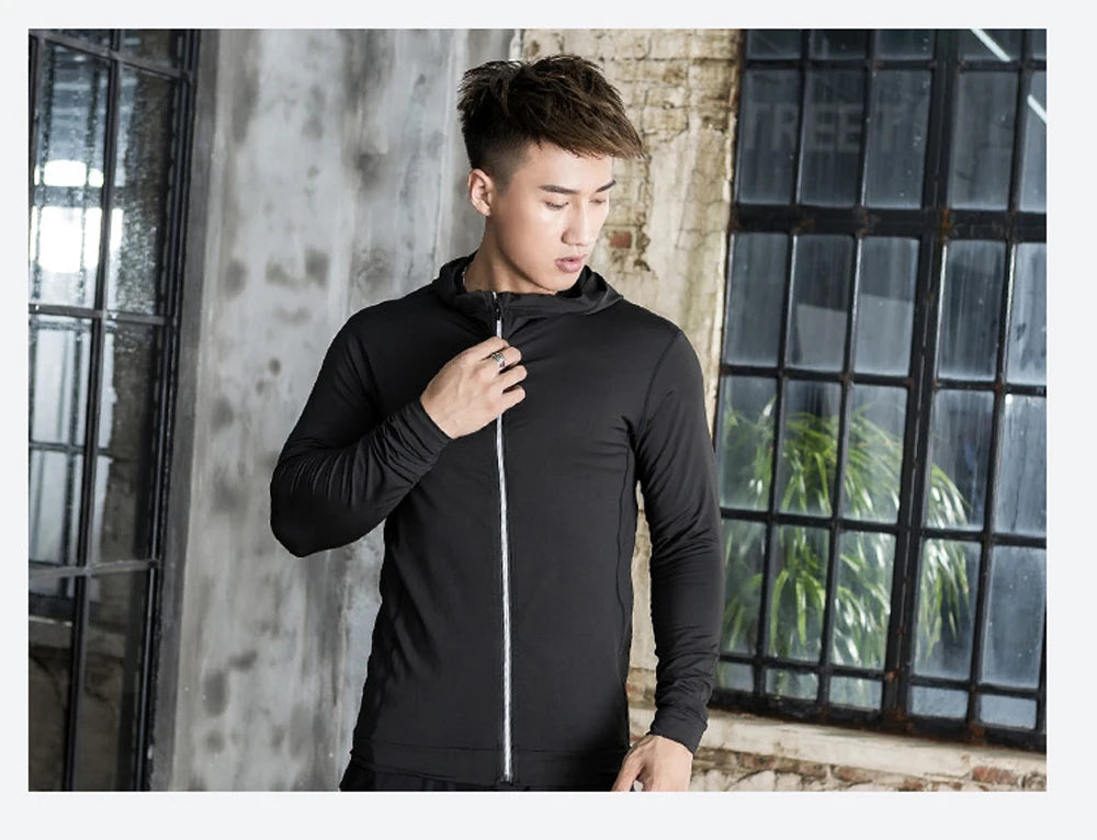 New Mens Running Jackets Fitness Sports Coat Hooded Tight Hoodie Gym Soccer Training Run Jogging Jackets Reflective Zipper Shirt