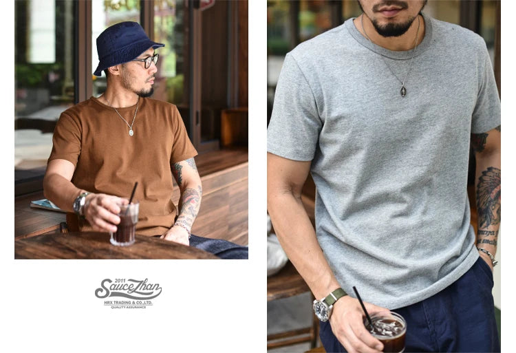 Saucezhan Tops & Tees Men's T-shirt Summer Short Sleeve 5 Colors Pure Cotton  Anti-deformation Double-woven fabric 340g
