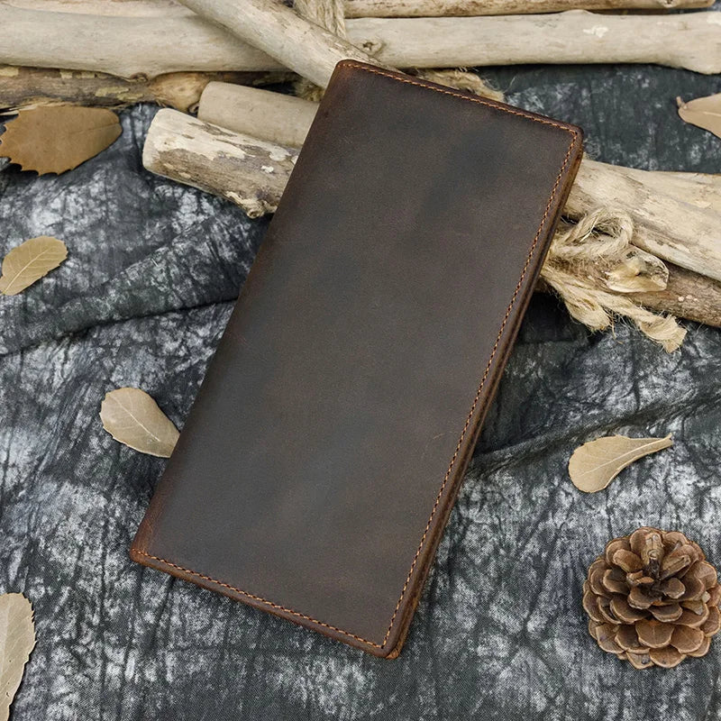 Men's Crazy Horse Leather Long Wallet Brown Real leather Trifold clutch snap purse Hasp purse with Phone pocket and coin pocket