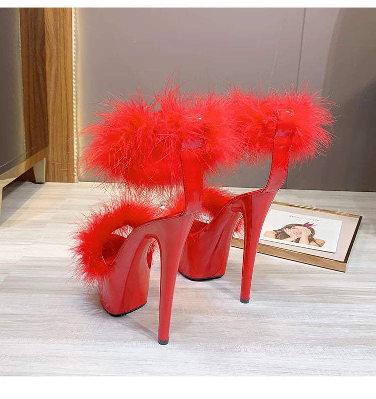 17CM Fur Womens Party Shoes Fashion 2023 Summer Sexy Exquisite Open Toe Ladies Shoes Female Stiletto Super High Heel Sandals