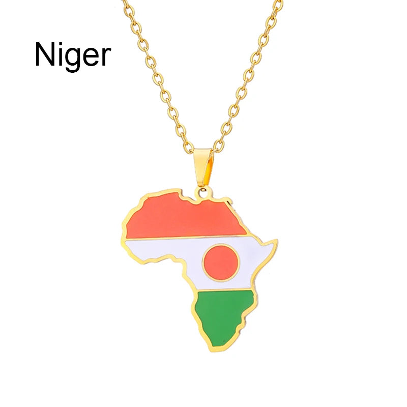 African Map Flag Pendant Necklace Stainless Steel Men Women Rwanda Sudan Uganda Zimbabwe Zambia Ethnic Maps Jewelry Gift