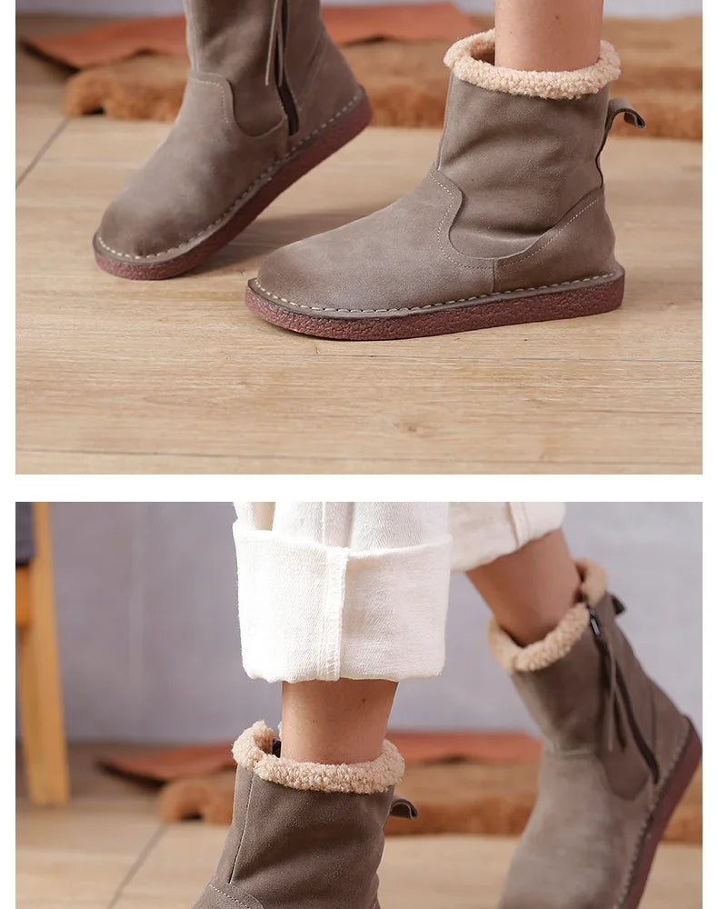 Careaymade-Genuine cow leather Snow cotton round head flats woolen short boots plush warm snow boots Oversized shoes size 35-43