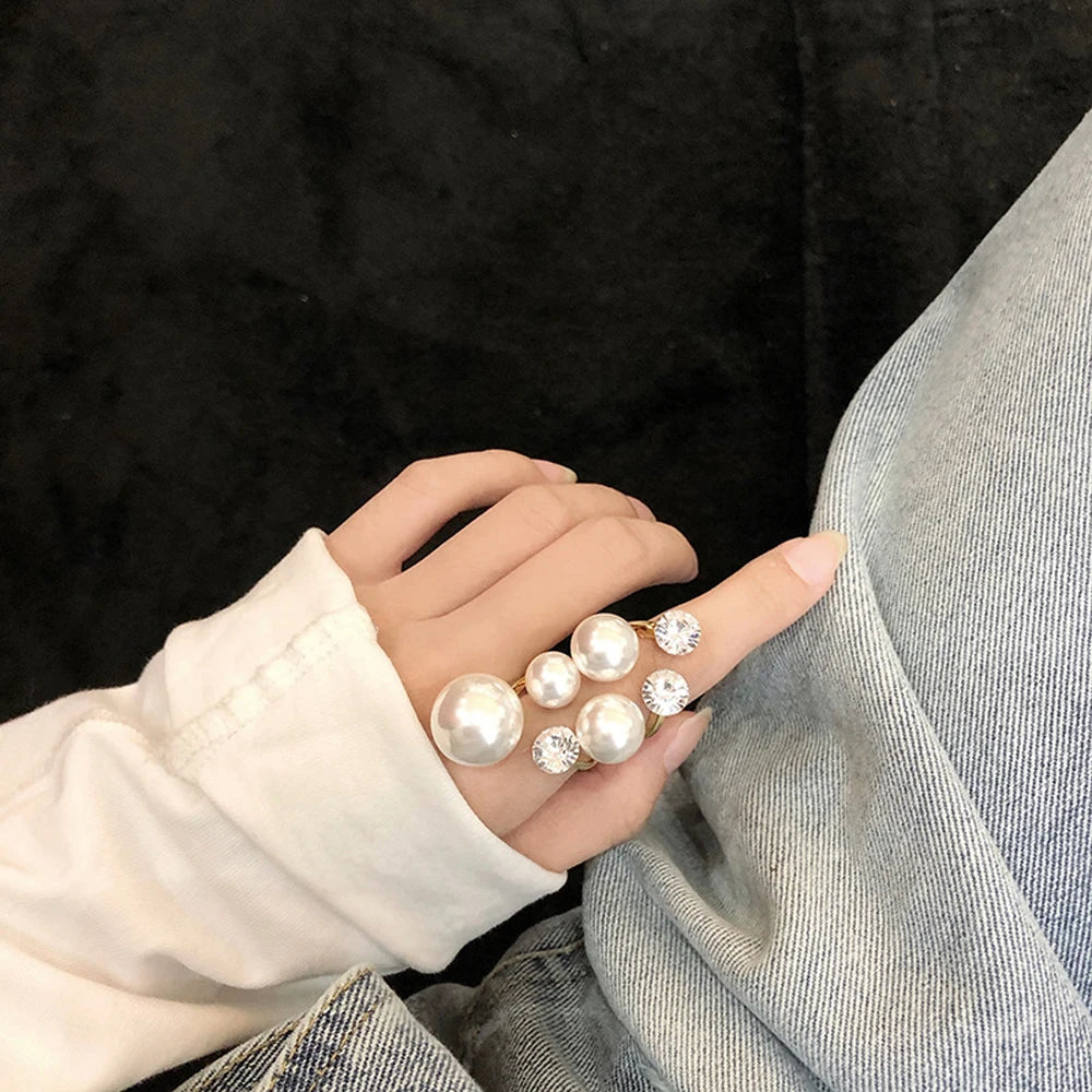 Elegant Retro Oversize Multi Pearl Rings for Women Lady Shiny Crystal Rhinestone Irregular Charm Open Rings Jewelry