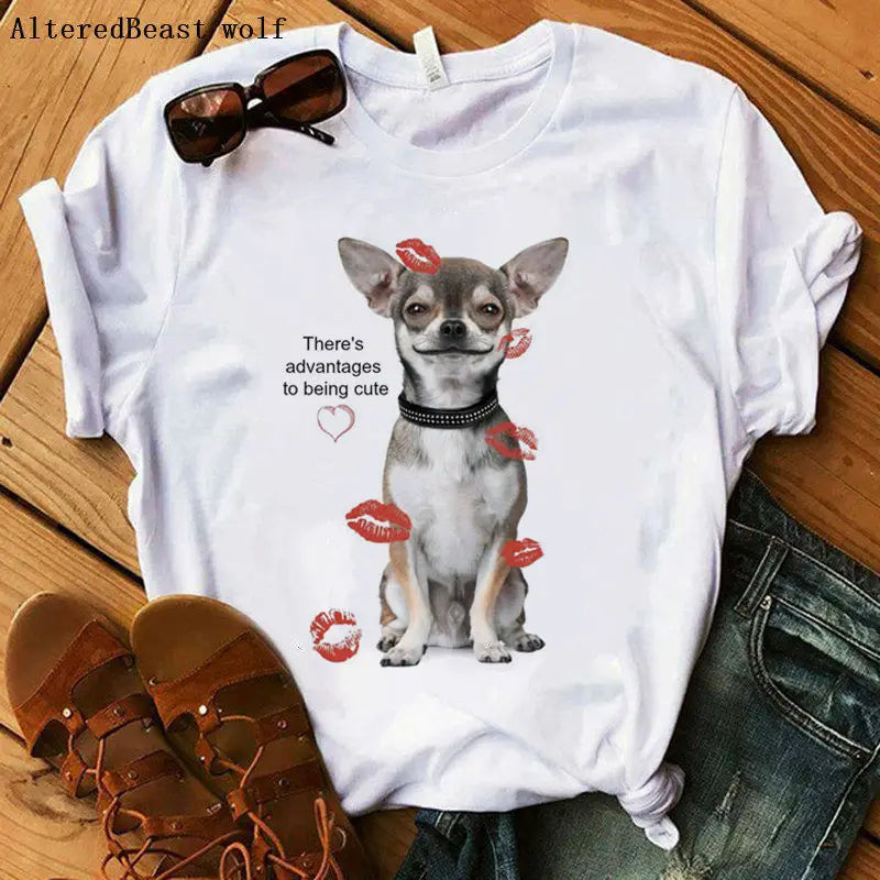 There's Advantages to Being Cute T Shirt Women funny Chihuahua print TShirt dog lover top lovely girl t-shirt tee shirt femme