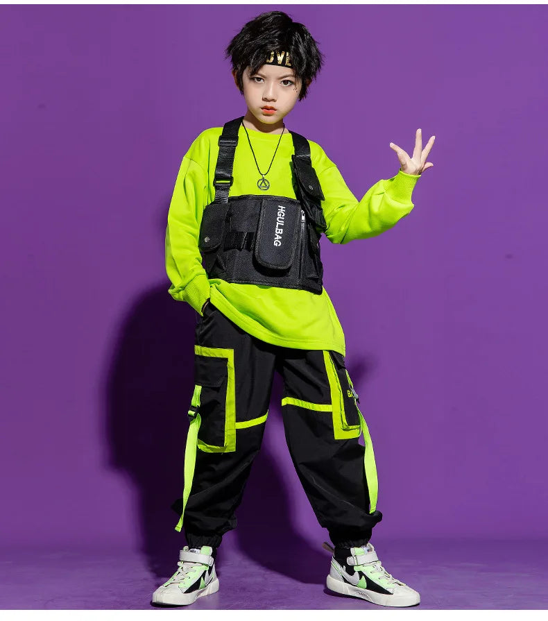 Boys Hip Hop Cool Vest Girls Cargo Pant Outfit Child Sweatshirt Chest Bag Joggers Street Dance Kids Streetwear Costume Sportwear
