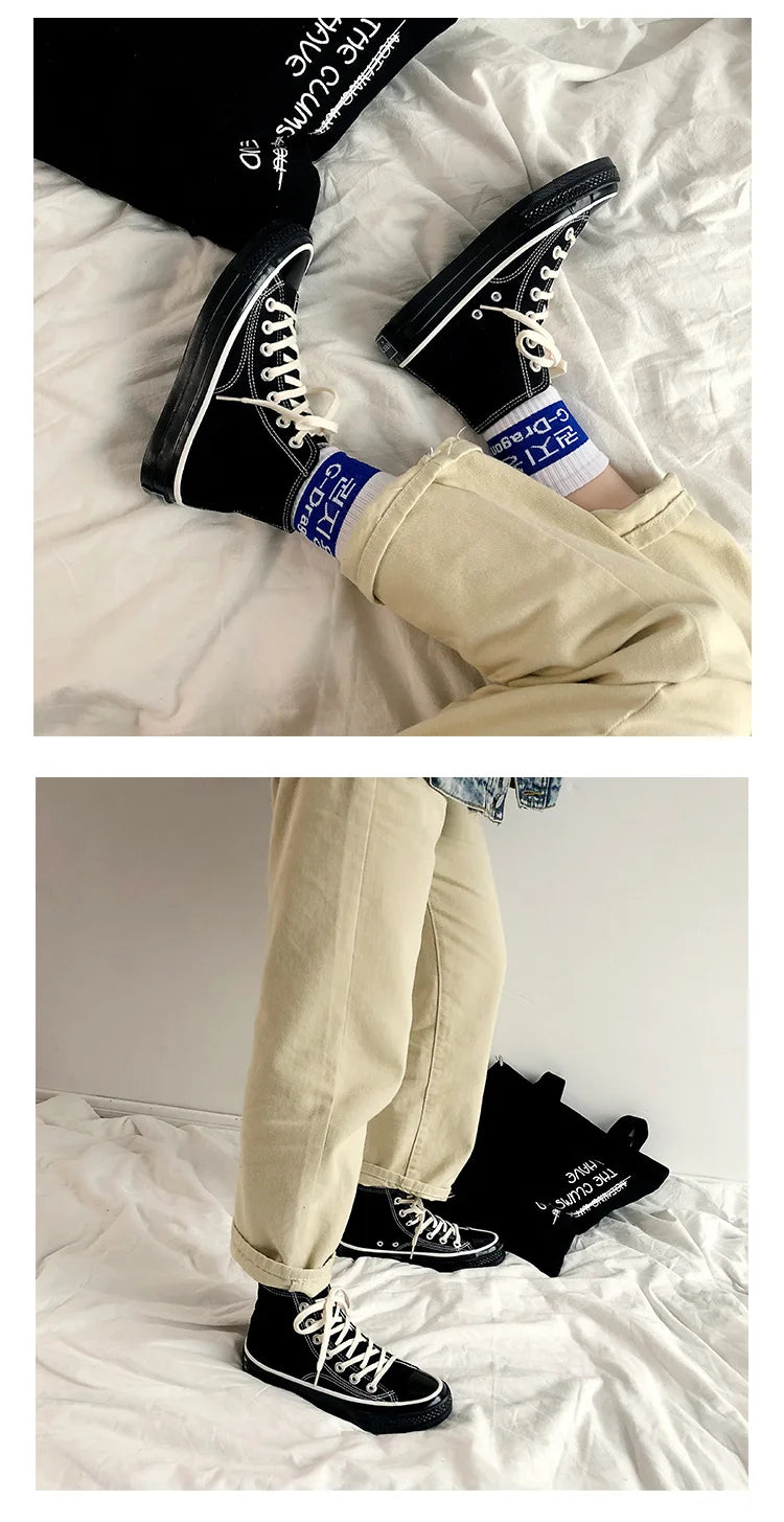 Classic Solid Black Unisex Canvas Shoes  New Spring High-top Outdoor Casual Sneakers Comfortable Breathable Footwear 35-44