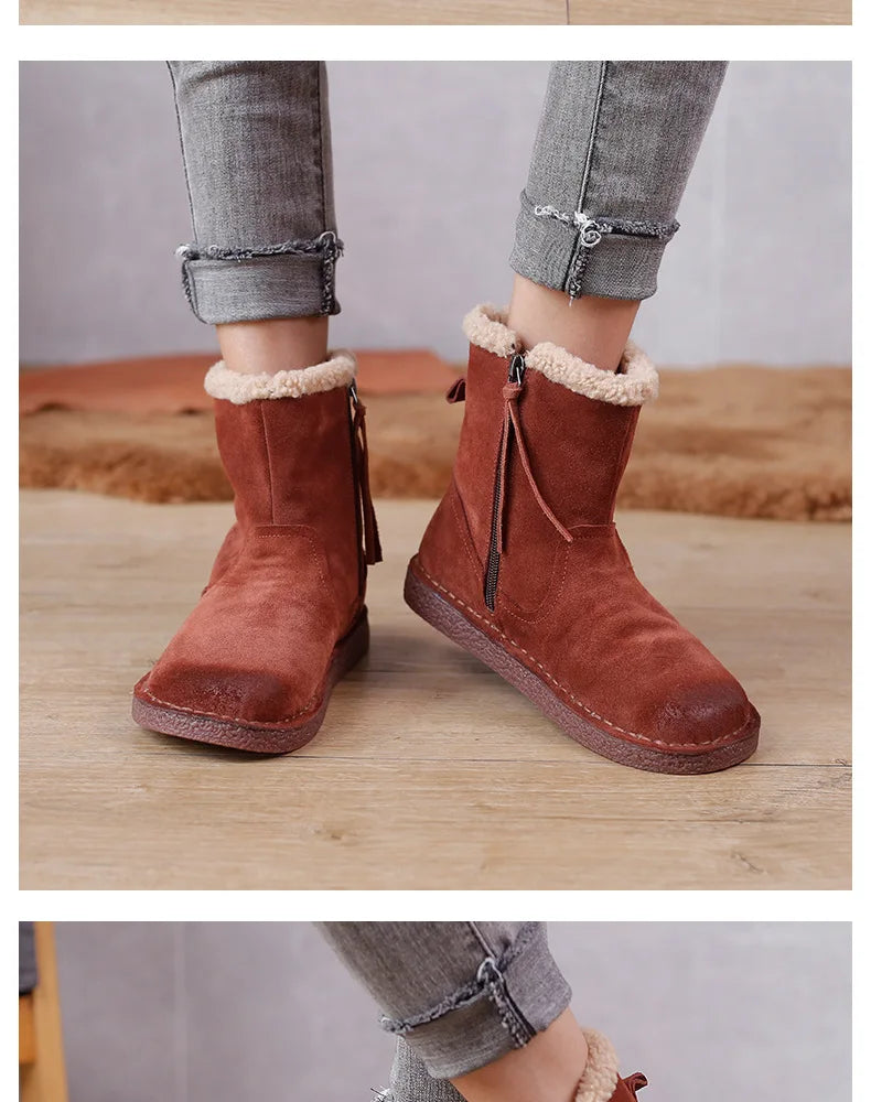 Careaymade-Genuine cow leather Snow cotton round head flats woolen short boots plush warm snow boots Oversized shoes size 35-43