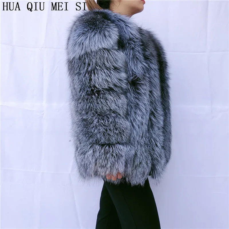 HUAQIUMEISI Real fox fur coat women's autumn and winter vertical bar natural fox jacket new fashion silver fox fur coat