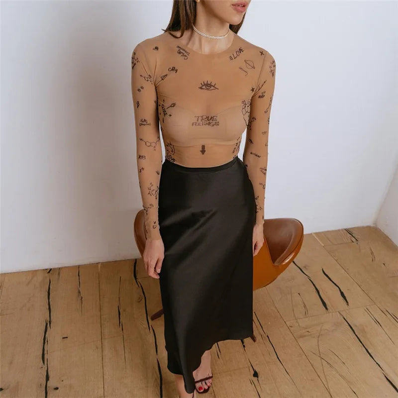 Women Slim Fit O Neck Mesh Bodysuit Long Sleeve Polyester Elastane Party Wear