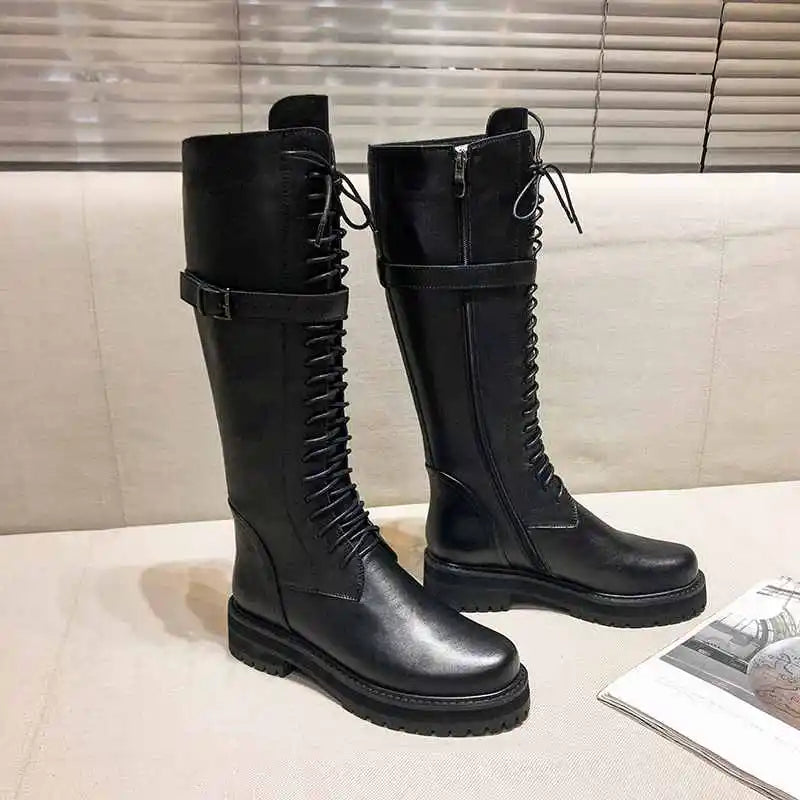 Krazing Pot Big Size Genuine Leather Lace Up Med Heels Round Toe Punk Superstar Riding Boots Buckle Fastener Over-the-knee Boots