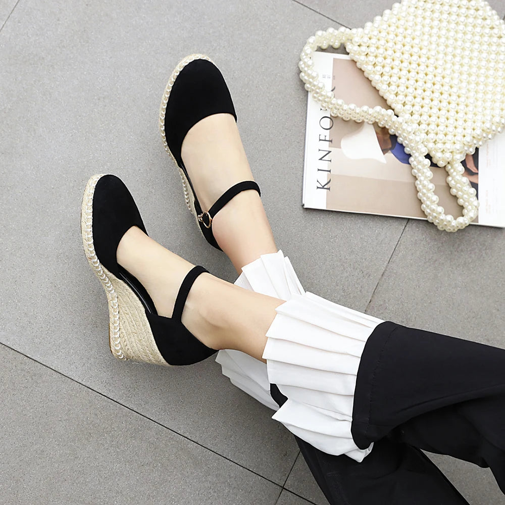 Spring New Women Espadrilles Leisure Wedges High Heels Lady Pumps Foothold Shoes Heel Slip On Round Toe for Femme Chaussures