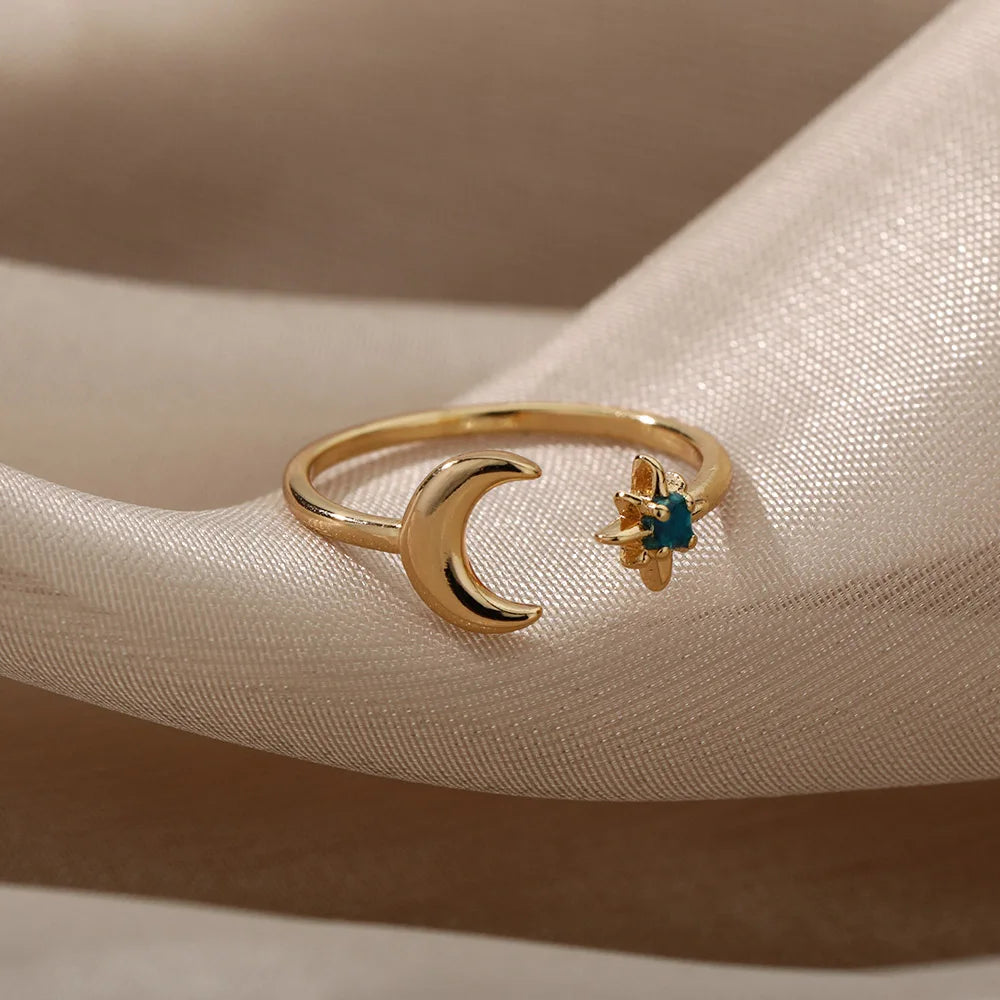 Zircon Moon Star Rings For Women Stainless Steel Glowing Moon Star Adjustable Finger Ring Aesthetic Wedding Jewelery Gift Femme