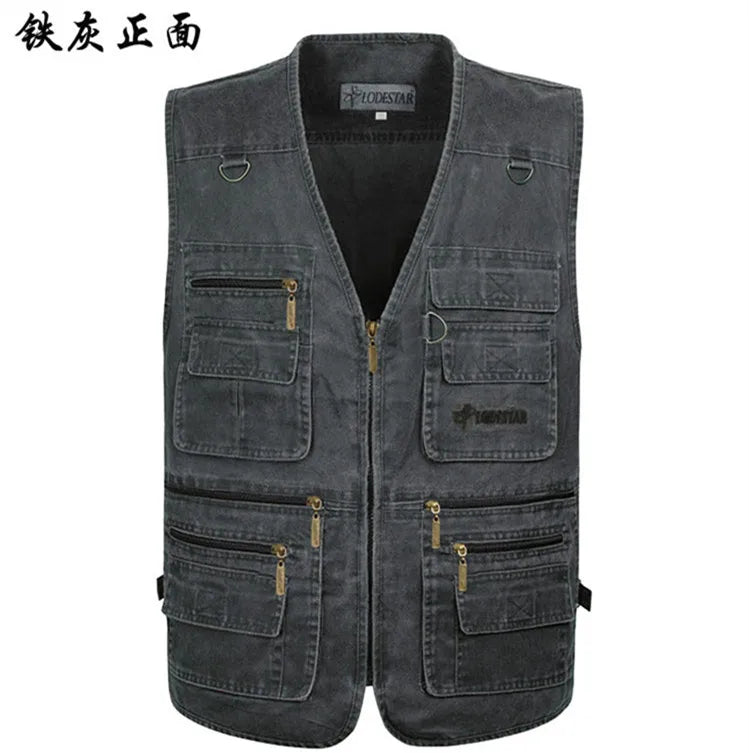 Plus Size 6XL 7XL Male Casual Summer Cotton Denim Vest Men's Sleeveless Jacket Multi Pocket Photograph Waistcoat Chaleco Hombre