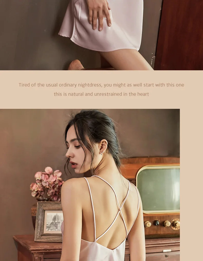 Nightgowns Women Soft V-neck Satin Sleeveless Sleepshirts Summer Sexy Sleepwear Lingerie Korean Style Fashion Nightdress Female