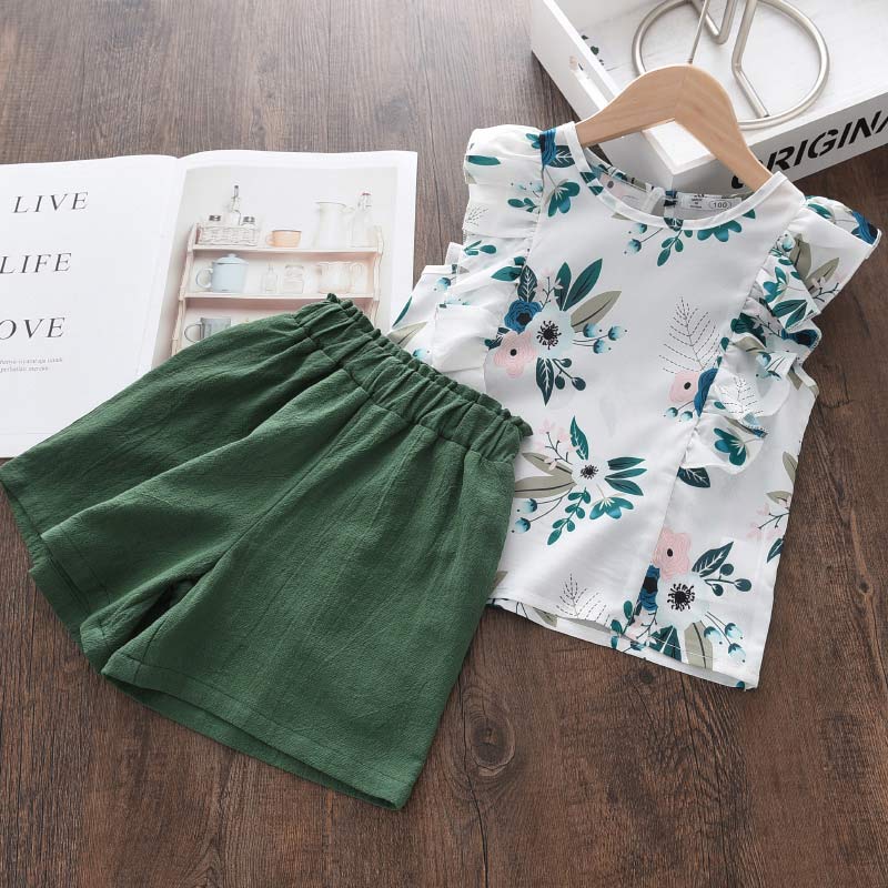 Girls Clothing Sets Brand New Summer New Kids Flower Print Vest Top with Casual Short Pant 2PCS Girl Suit Clothing 3-7 Y